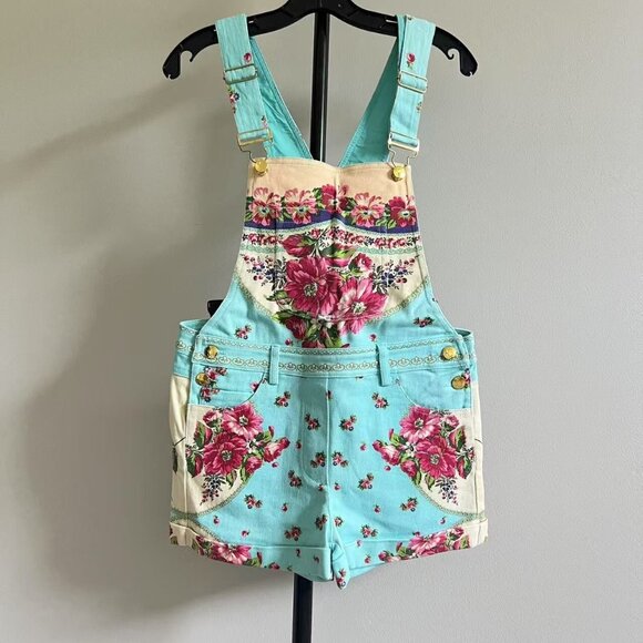NWOT Manoush Women's Overalls Blue Denim Jeans Floral Flowers Cutoff Short 34